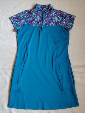 Pebble Beach Dry-Luxe Women's Golf Dress 1/4 Zip Mock Neck Blue Floral M